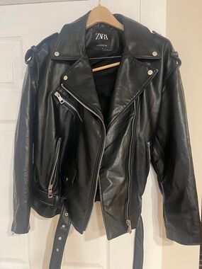 ZARA Black Faux Leather Moto Jacket with Silver Hardware